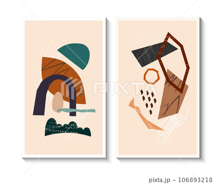 Set of two postcards with abstract illustration. Spots with textures and ornamental plants. Vector. 106893218