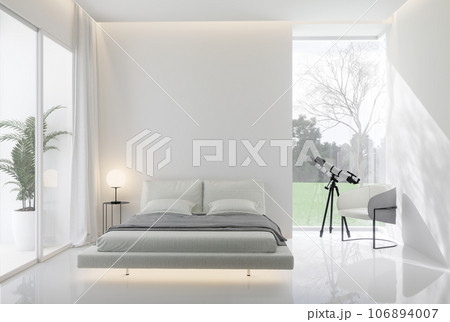 Minimal style white bedroom with a telescope in the glass window 3d render 106894007