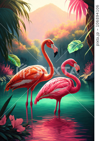 Pink flamingo couple watercolor Generative AI 106894106