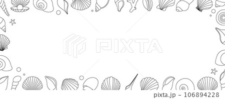 Sea shells horizontal outline banner. Tropical underwater shells. Freshwater algae, corals, starfish, sea mollusks, scallop, pearls. Sea shells horizontal outline banner. Tropical underwater shells. Freshwater algae, corals, starfish, sea mollusks, scallop, pearls. 106894228