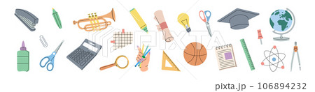 School accessories. Office stapler, scissor, calculator, diploma, paper clip, measuring tool, marker pens, notebook, magnifying glass. Back to school. School accessories. Office stapler, scissor, calculator, diploma, paper clip, measuring tool, marker pens, notebook, magnifying glass. Back to school. 106894232