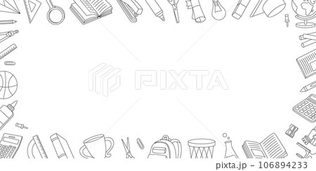 School horizontal outline banner. School supplies. Trophy, diploma, notebook, tube, pencil, paper clip, eraser, schoolbag, globe, scissors, calculator School horizontal outline banner. School supplies. Trophy, diploma, notebook, tube, pencil, paper clip, eraser, schoolbag, globe, scissors, calculator 106894233