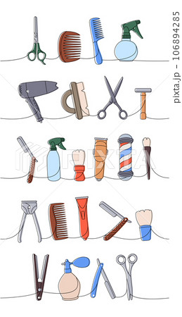 Barber shop one line colored continuous drawing. Makeup brush, hair clipper, comb, straightener, scissors, hair dryer continuous one line illustration Barber shop one line colored continuous drawing. Makeup brush, hair clipper, comb, straightener, scissors, hair dryer continuous one line illustration 106894285
