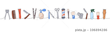 Barber shop one line colored continuous drawing. Clipper, comb, razor blade, perfume sprayer, scissors, makeup brush continuous one line illustration. 106894286