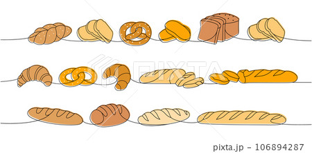 Fresh breads one line colored continuous drawing. Wheat bread, pretzel, ciabatta, croissant, bagel, french baguette continuous one line illustration. Fresh breads one line colored continuous drawing. Wheat bread, pretzel, ciabatta, croissant, bagel, french baguette continuous one line illustration. 106894287