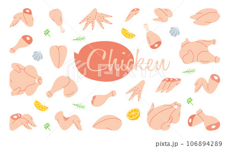 Chicken set. Butcher shop. Chicken farming products. Whole chicken, brisket wing, fillet, ham, leg, breast, shank, drumstick. Vector illustration. Chicken set. Butcher shop. Chicken farming products. Whole chicken, brisket wing, fillet, ham, leg, breast, shank, drumstick. Vector illustration. 106894289