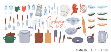 Kitchen utensils. Kitchenware and cutlery. Ceramic plates, mug, cup, wineglass, frying pan, sieve, cooking glove, steel grater, mortar, rolling pin. Kitchen utensils. Kitchenware and cutlery. Ceramic plates, mug, cup, wineglass, frying pan, sieve, cooking glove, steel grater, mortar, rolling pin. 106894290