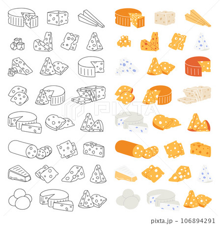 Triangles and slices of delicious cheeses. Cheese products vertical banner. Cheddar, camembert, brick, mozzarella, maasdam, brie, roquefort, gouda. Triangles and slices of delicious cheeses. Cheese products vertical banner. Cheddar, camembert, brick, mozzarella, maasdam, brie, roquefort, gouda. 106894291