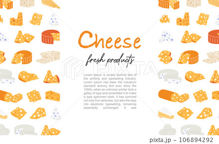 Cheeses shop banner. Cheeses menu design. Cheddar, camembert, brick, mozzarella, maasdam, brie, roquefort, gouda, feta and parmesan. 106894292