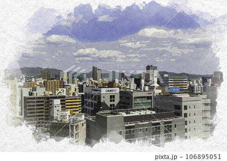 水彩画風 岡山市役所から岡山中心部を望む 岡山県岡山市 水彩画風 岡山市役所から岡山中心部を望む 岡山県岡山市 106895051