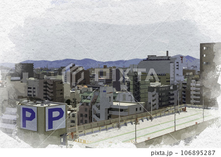 水彩画風　岡山市役所から南部方面を望む　岡山県岡山市 106895287