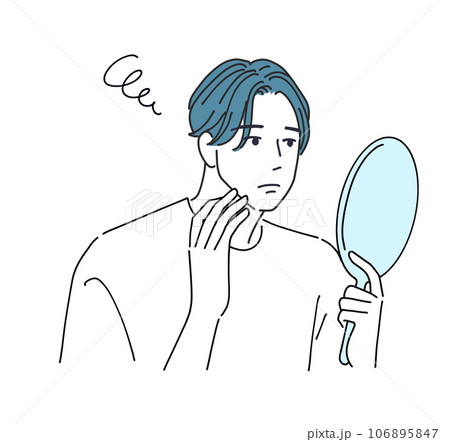 肌の調子を見て悩む男性 106895847