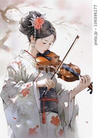 和服姿でヴァイオリンを弾く女性（AI生成画像） 106896277