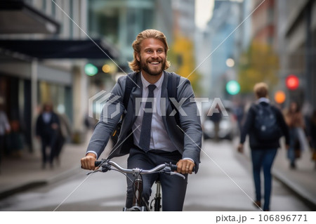 Young american man riding a bicycle on a road in a city street. Blurry urban background. Young american man riding a bicycle on a road in a city street. Blurry urban background. 106896771