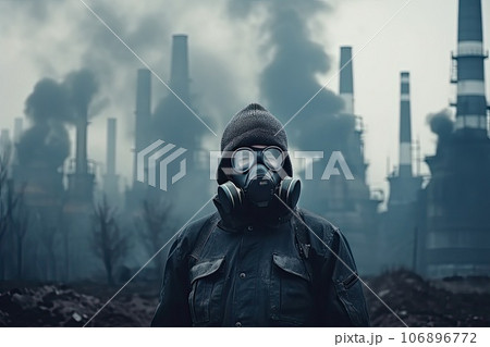 A man in a gas mask in front of smoking factory. 106896772