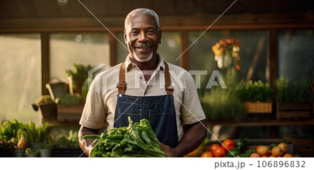 Middle aged African American man with her garden vegetable crop. 106896832