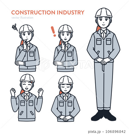 建設業種の女性会社員／作業員 さまざまなポーズセットベクターイラスト素材 106896842