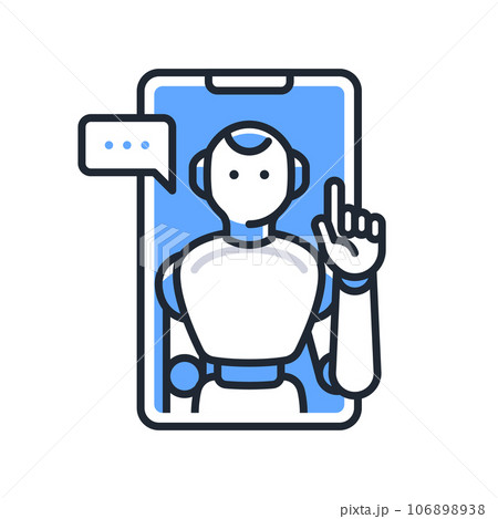 スマートフォンでヒューマノイド型AIロボットとチャットをするシンプルなベクターアイコンイラスト素材 106898938