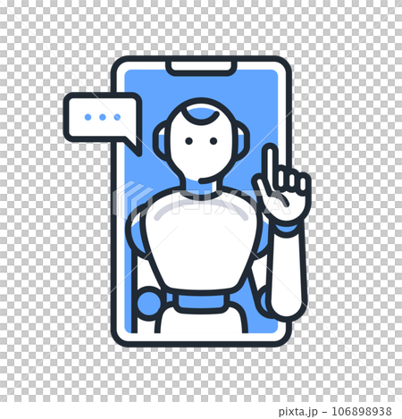 スマートフォンでヒューマノイド型AIロボットとチャットをするシンプルなベクターアイコンイラスト素材 106898938