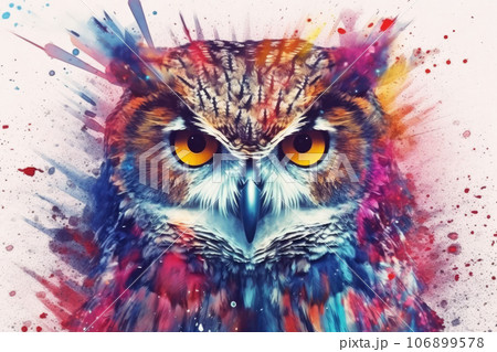 Abstract animal Owl portrait with colorful double exposure paint 106899578