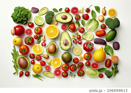 Fresh fruits and vegetables, healthy food, spread apart, isolated flat lay from above white background 106899615
