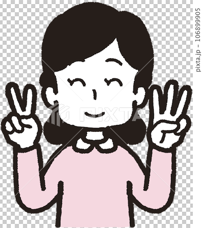 左手は3本指、右手は2本指の23のハンドサインをして笑う女性の上半身イラスト 106899905