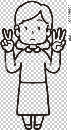 A full-body line drawing illustration of a woman doing 23 hand signs with three fingers on her left hand and two fingers on her right hand. 106899906