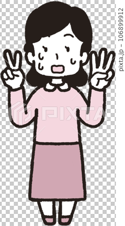 A full-body illustration of a sweaty and panicked woman making 23 hand signs with three fingers on her left hand and two fingers on her right hand. 106899912