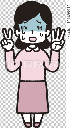 A full-body illustration of a pale woman making 23 hand signs with three fingers on her left hand and two fingers on her right hand. 106899915