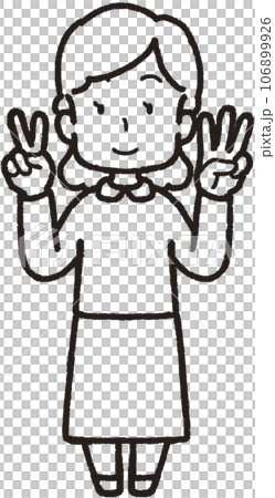 A full-body line drawing illustration of a smiling woman making 23 hand signs with three fingers on her left hand and two fingers on her right hand. 106899926