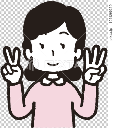 Upper body illustration of a smiling woman making 23 hand signs with three fingers on her left hand and two fingers on her right hand Upper body illustration of a smiling woman making 23 hand signs with three fingers on her left hand and two fingers on her right hand 106899929