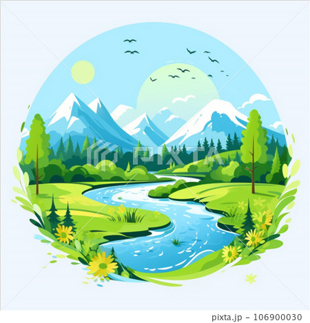 山と川のある風景のイラスト素材 [106900030] - PIXTA
