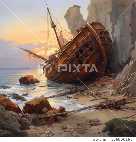 難破し破損した船の残骸　AI画像 106900166