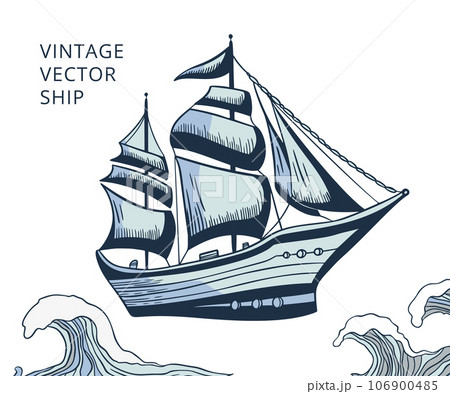 Vintage vector ship boat sketch illustration. Blue sea ocean hand drawn card design with wave. Vintage vector ship boat sketch illustration. Blue sea ocean hand drawn card design with wave. 106900485
