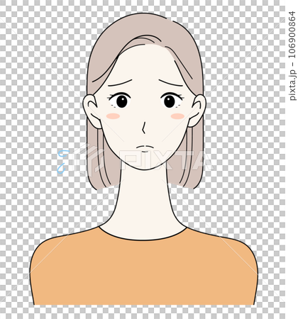 Front view illustration of a bob hair woman with a troubled face 106900864