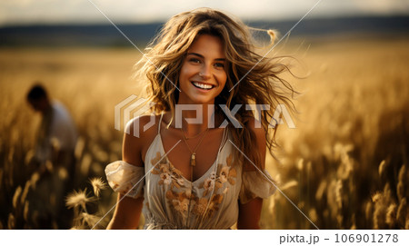 A beautiful smiling woman with long hair blowing in the wind in a field of ears 106901278
