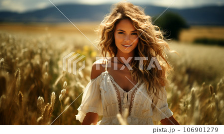 A beautiful smiling woman with long hair blowing in the wind in a field of ears A beautiful smiling woman with long hair blowing in the wind in a field of ears 106901279