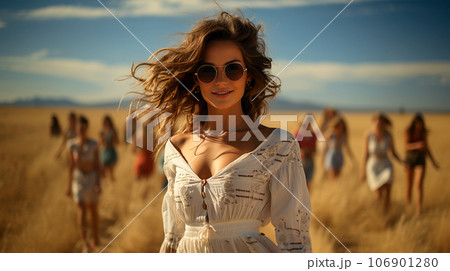 A beautiful smiling woman with long hair blowing in the wind in a field of ears A beautiful smiling woman with long hair blowing in the wind in a field of ears 106901280