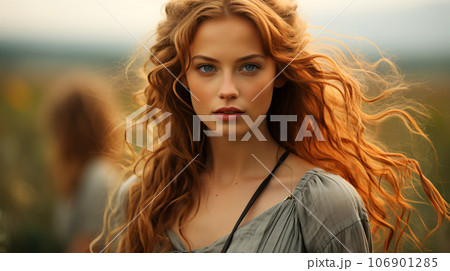 A beautiful smiling woman with long hair blowing in the wind in a field of ears A beautiful smiling woman with long hair blowing in the wind in a field of ears 106901285