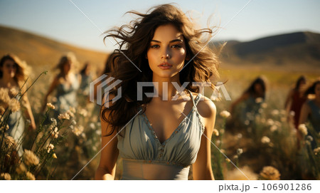 A beautiful smiling woman with long hair blowing in the wind in a field of ears A beautiful smiling woman with long hair blowing in the wind in a field of ears 106901286