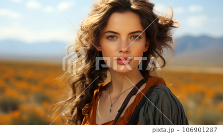 A beautiful smiling woman with long hair blowing in the wind in a field of ears A beautiful smiling woman with long hair blowing in the wind in a field of ears 106901287