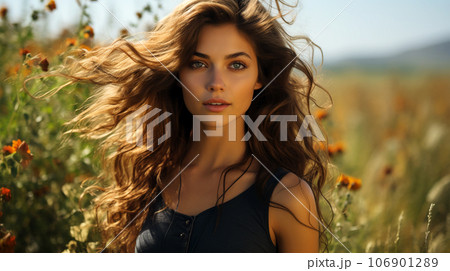 A beautiful smiling woman with long hair blowing in the wind in a field of ears 106901289