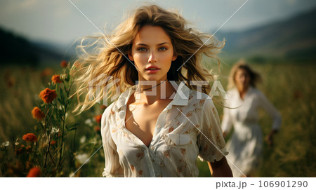 A beautiful smiling woman with long hair blowing in the wind in a field of ears 106901290