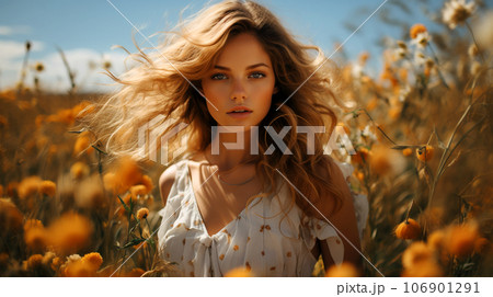 A beautiful smiling woman with long hair blowing in the wind in a field of ears 106901291