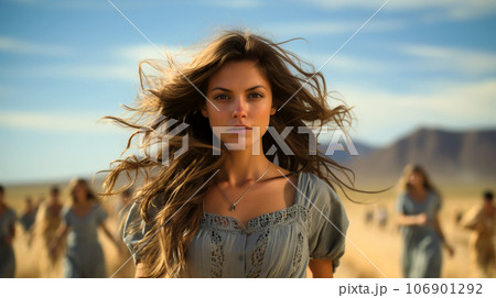 A beautiful smiling woman with long hair blowing in the wind in a field of ears A beautiful smiling woman with long hair blowing in the wind in a field of ears 106901292