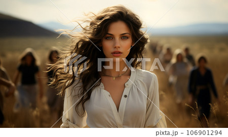 A beautiful smiling woman with long hair blowing in the wind in a field of ears 106901294