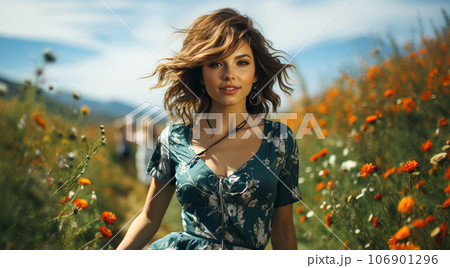 A beautiful smiling woman with long hair blowing in the wind in a field of ears 106901296