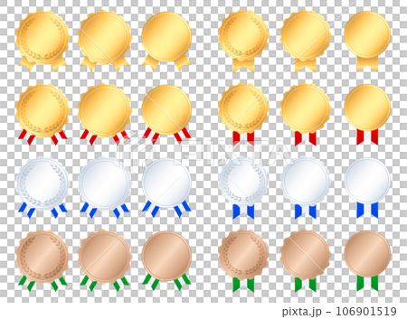 A set of medals and ribbons that can be used for awards, rankings, etc. 106901519