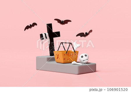 3d Halloween shopping day with basket, cemetery, skull, bats isolated on pink background. 3d render illustration 106901520