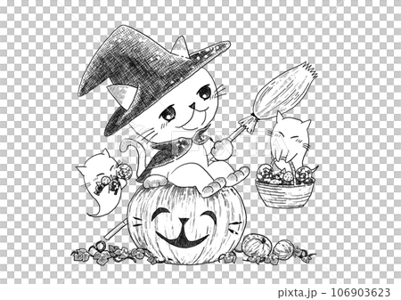 ハロウィンのカボチャに座った魔法使い風ネコとお菓子を持ったオバケたち、白黒 ハロウィンのカボチャに座った魔法使い風ネコとお菓子を持ったオバケたち、白黒 106903623